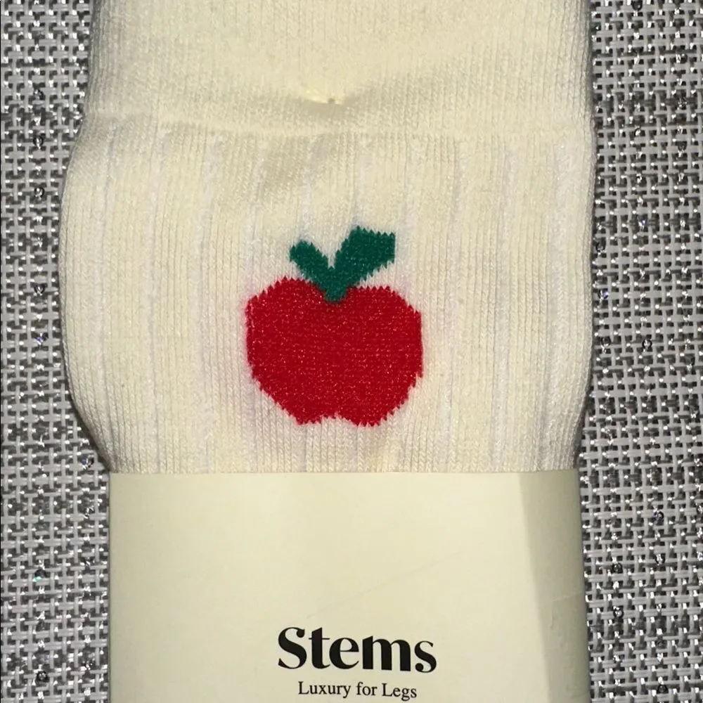 Stems 1 Pair Ivory Red Green Apple Print Cotton Blend Stretch Knit Crew Socks